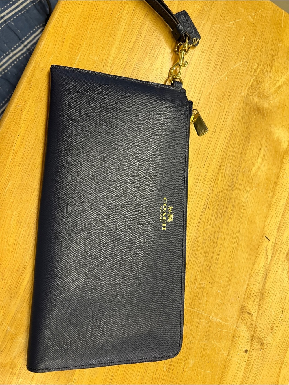 Coach Navy Leather Zip Wristlet with Gold Hardware